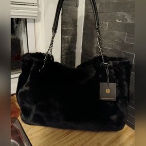 NWT House of Harlow 1960 Elegant Black Faux Fur Purse Tote Shoulder Bag